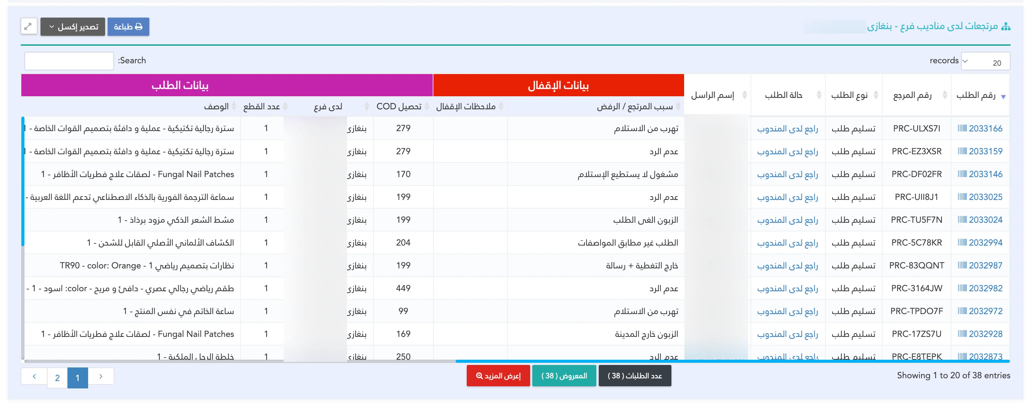 الطلبات المعلقة وغير المرتجعة من مناديب الفرع بمنظومة Shipping Eyes لإدارة شركات الشحن والتوصيل