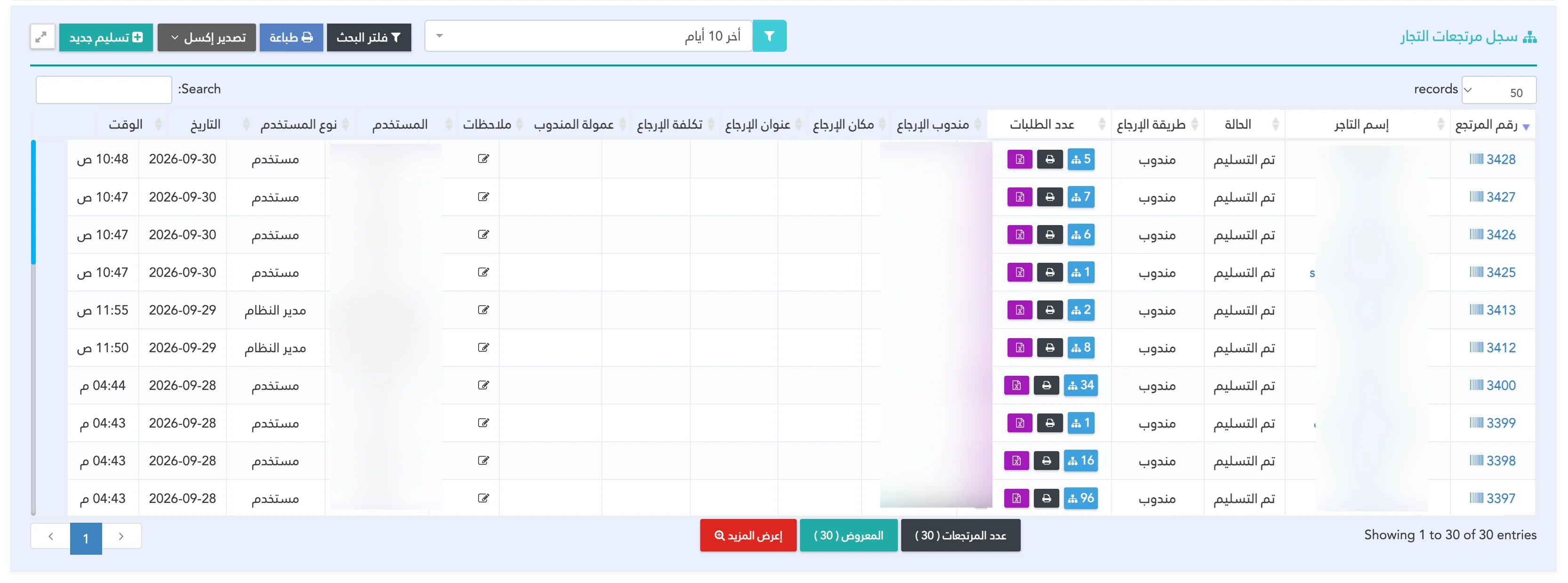 سجل وثائق استلام التجار للمرتجعات بمنظومة Shipping Eyes لإدارة شركات الشحن والتوصيل